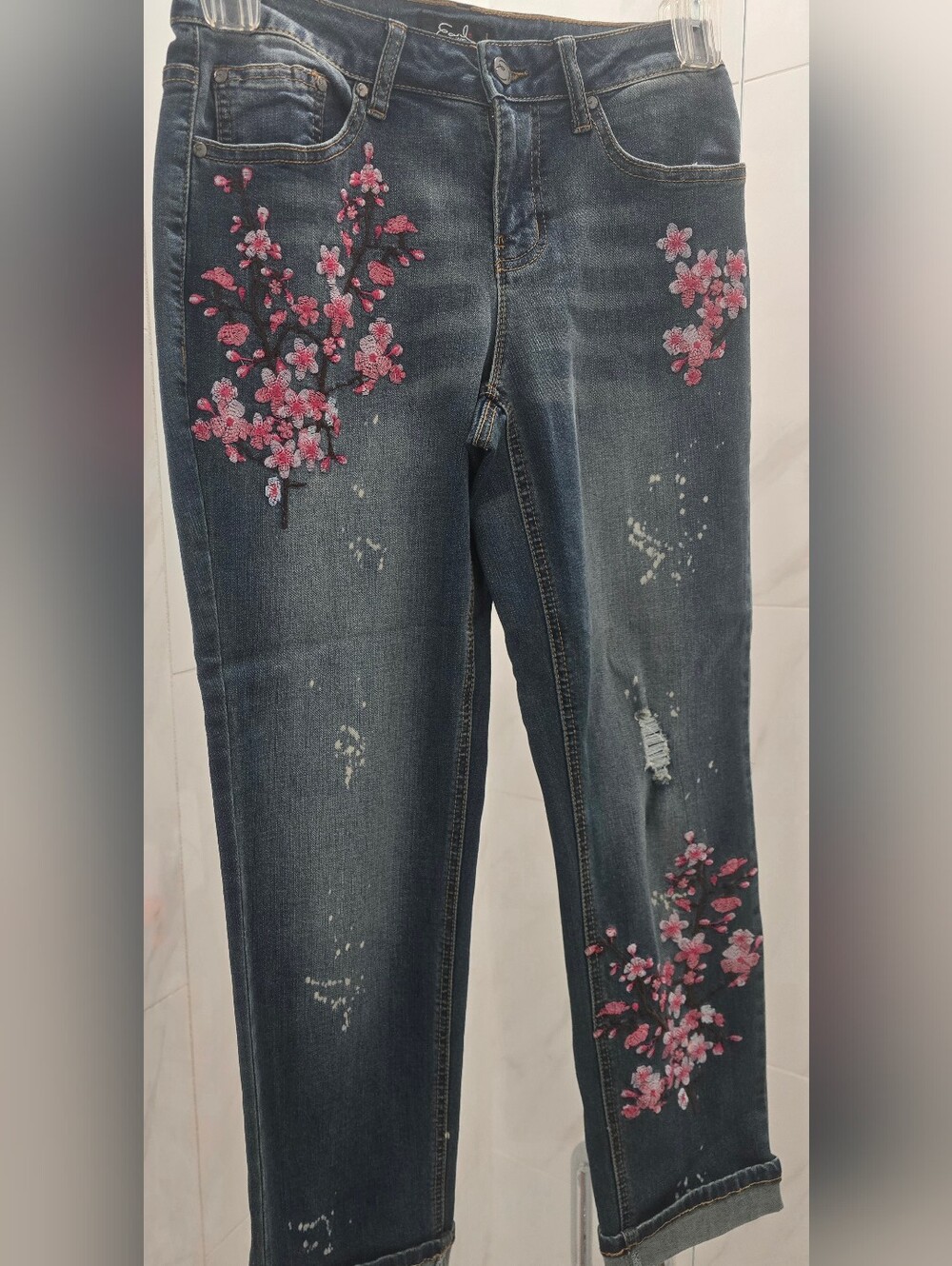 Earl Jeans Boyfriend Dark Blue Jeans, Pink Cherry Blossom Embroidery (28"Wx34"L)